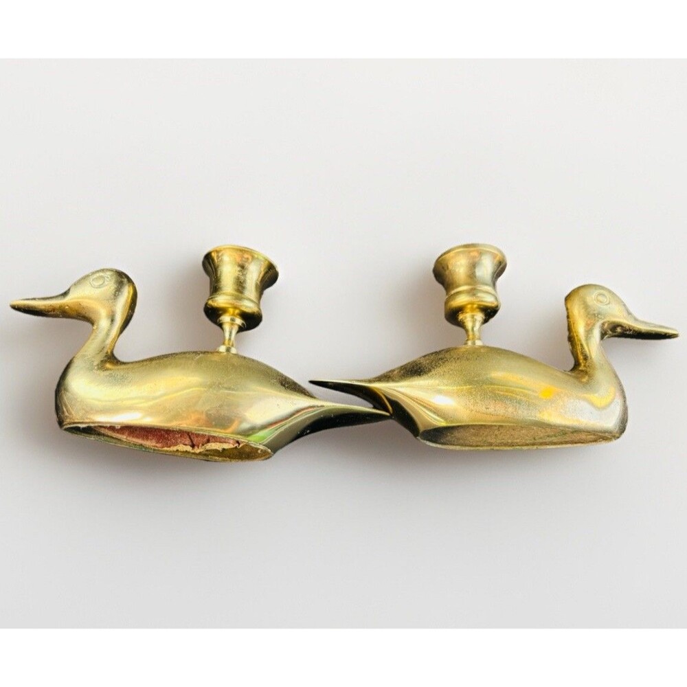 Vintage Brass Duck Candlestick Holders Pair 6” Made in Taiwan ROC